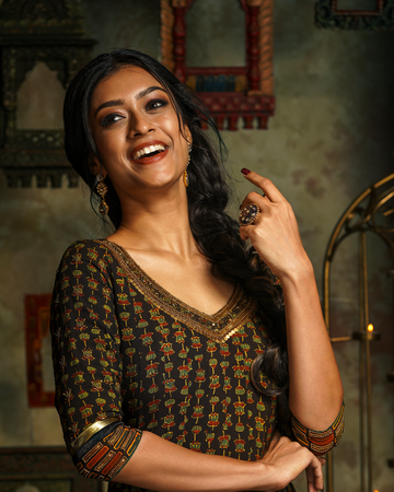 Black Anarkali - Ajrak Printed Silk