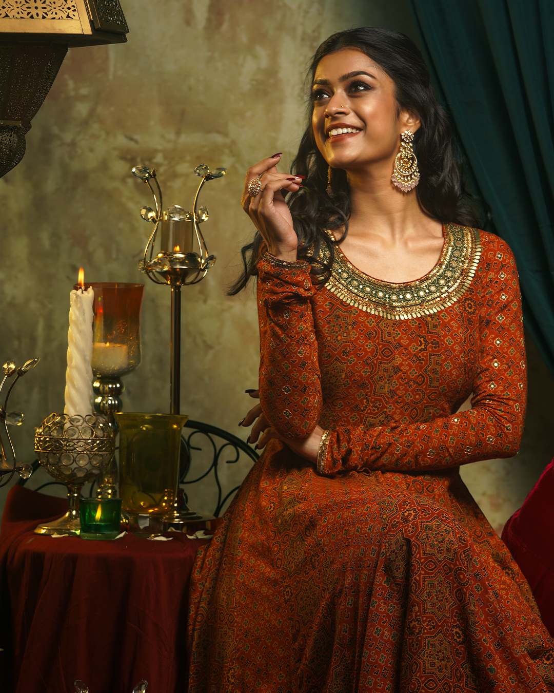 Rust Orange Anarkali - Ajrak Silk