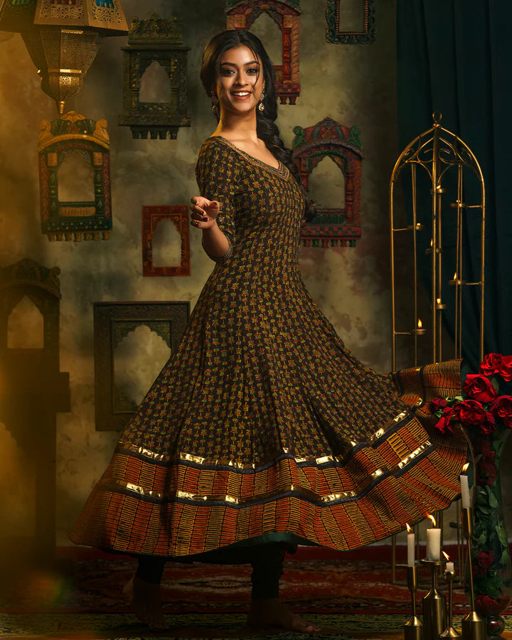 Black Anarkali - Ajrak Printed Silk