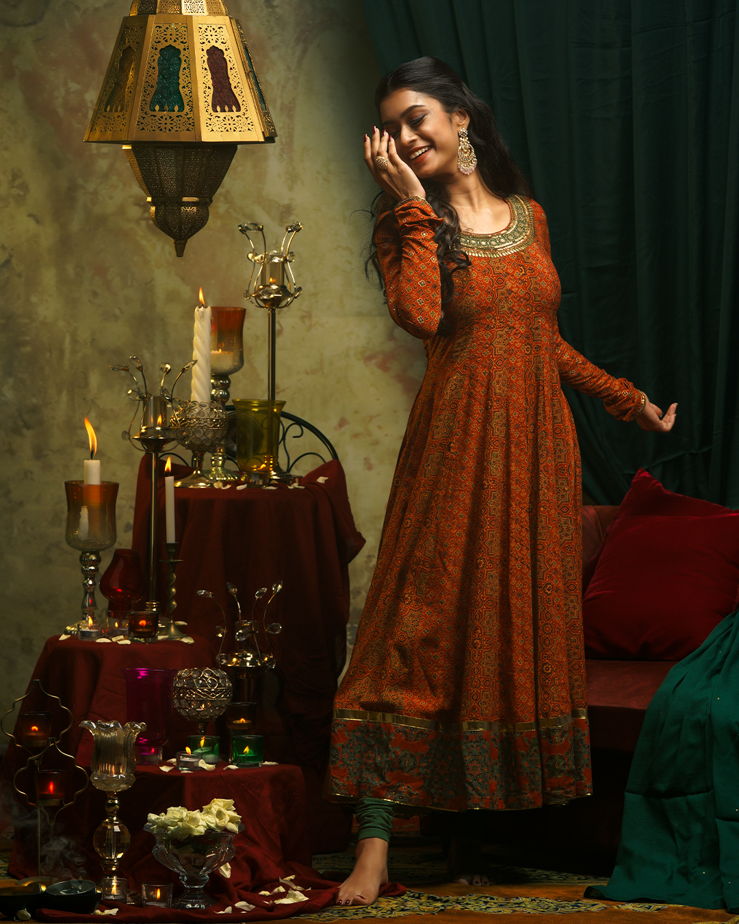 Rust Orange Anarkali - Ajrak Silk