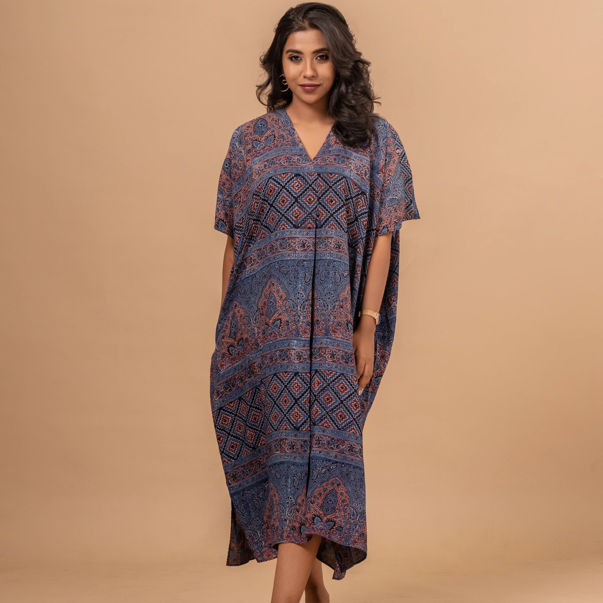 Silk Kaftan Dress - Indigo Ajrak