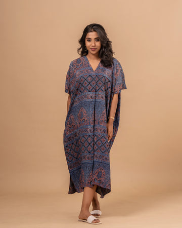 Silk Kaftan Dress - Indigo Ajrak