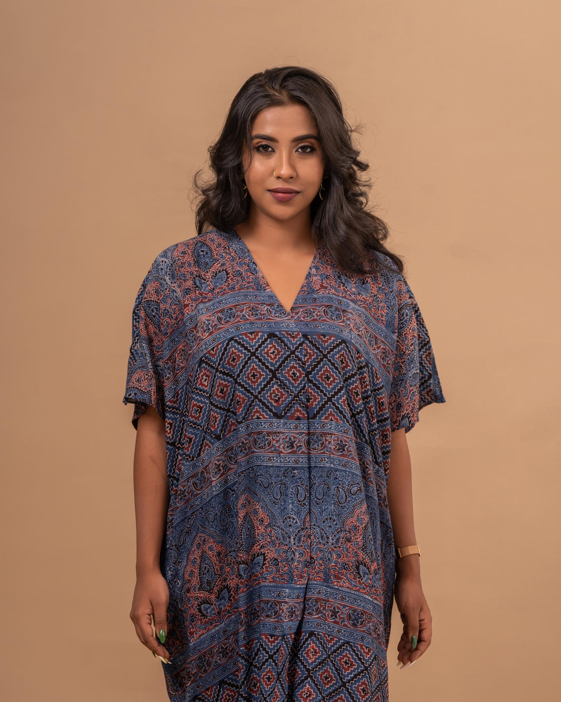 Silk Kaftan Dress - Indigo Ajrak