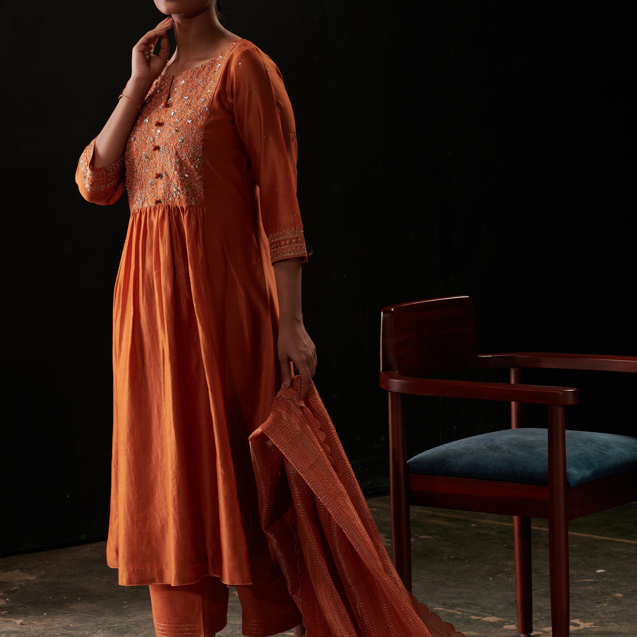 Khayaal Rust Orange Silk Suit