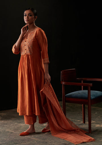 Khayaal Rust Orange Silk Suit