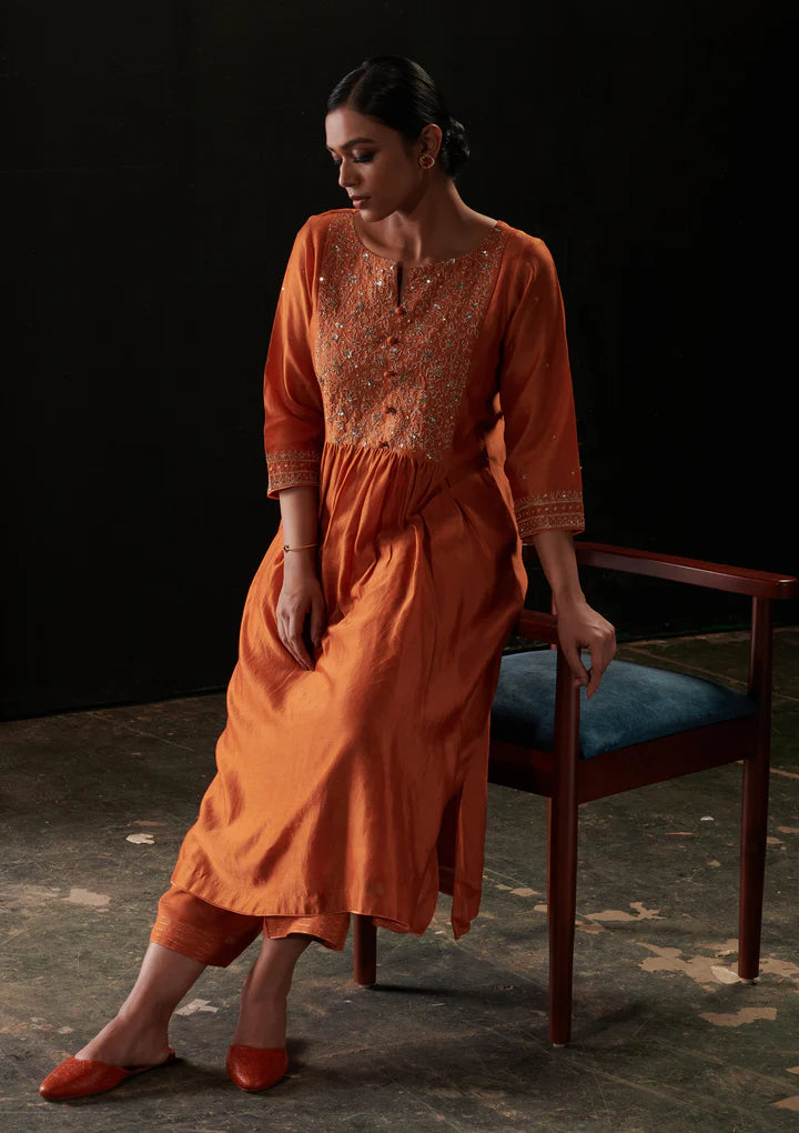 Khayaal Rust Orange Silk Suit