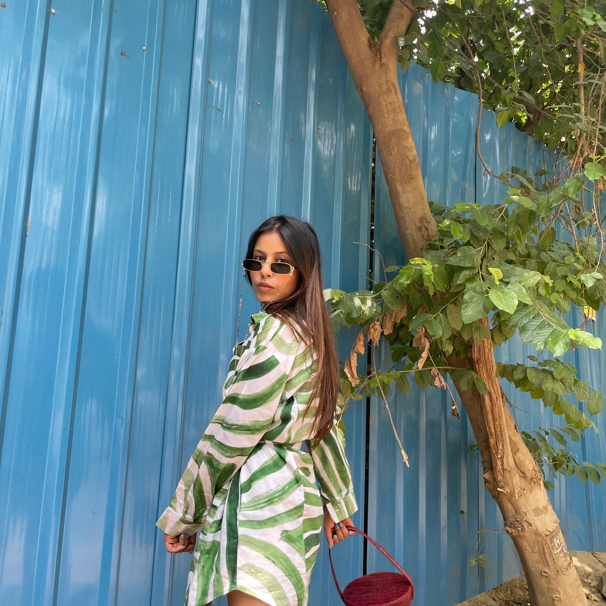 Everyday Shirt Cotton Dress in Green Abstract