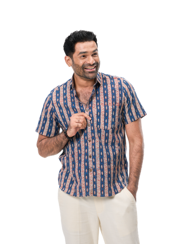 Indigo & Red Motif Border Print Shirt
