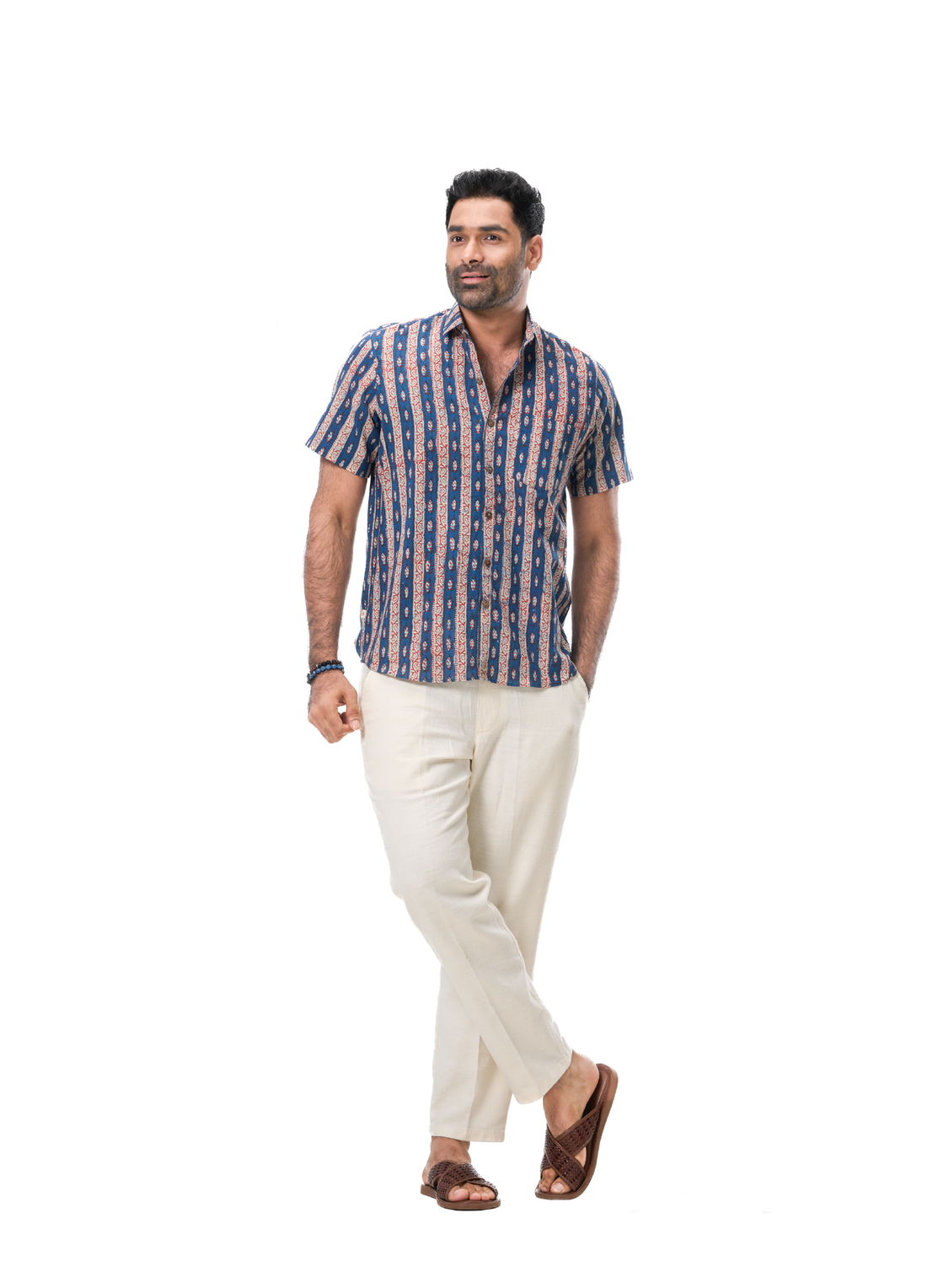 Indigo & Red Motif Border Print Shirt